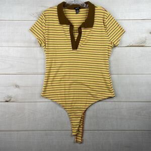 Rue 21 Bodysuit Top Womens XL Polo Ribbed Retro Inspired Plunge 90s Y2K Collared